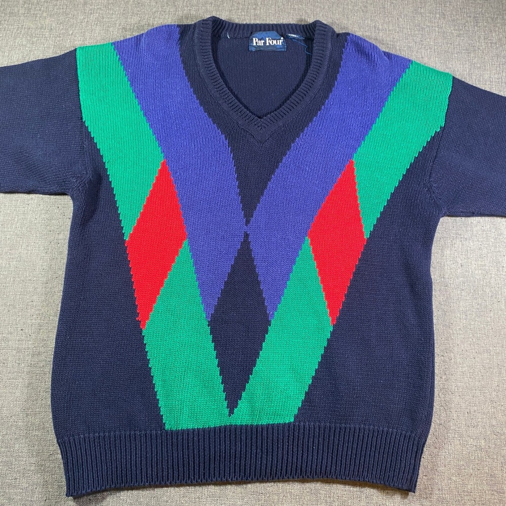 Vintage Par Four Men's V-Neck Sweater Large Blue Grandpa Geometric Knit Golf